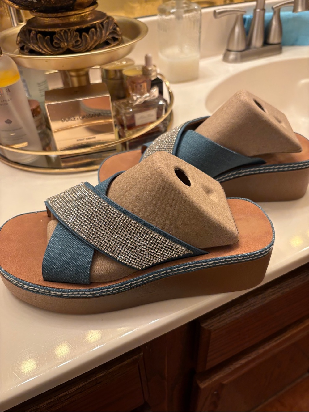 Platform Slide Sandals with Rhinestone Strap - Blue